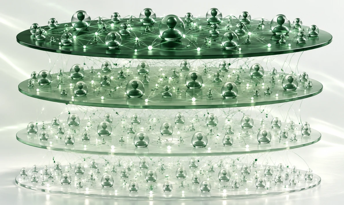 People connected across four translucent glass layers, with signals travelling between them.
