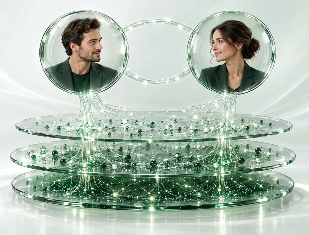Two people in connected glass circles above layers of shared data, representing manager and employee perspectives.