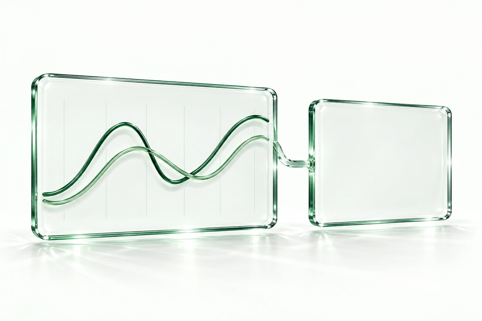 Two connected transparent green glass surfaces: analytical curves on the left and an insight field on the right.